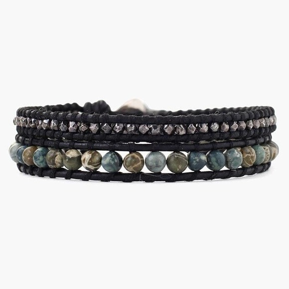 Chan Luu African Turquoise Beaded Mix Black Leather Double Wrap Bracelet NWT - Picture 1 of 2